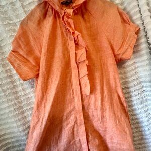Orange Linen Dress w/ pockets & ruffles. XS but oversized. Can be worn as tunic.